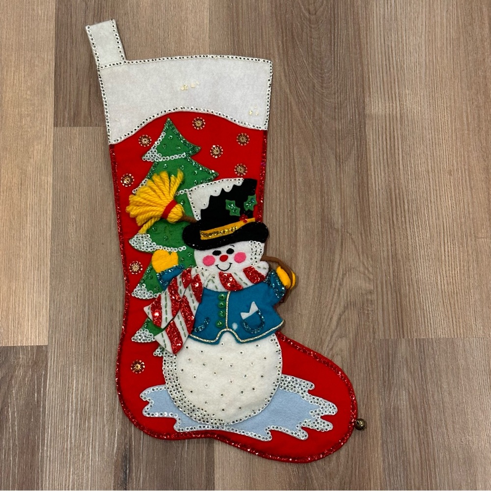 Vintage Felt Christmas Stocking Sequins Snowman